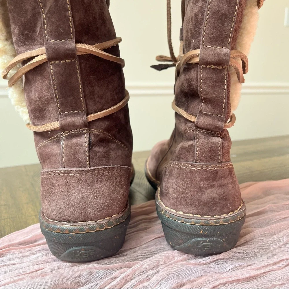 Ugg Cozy Chocolate Brown‎ Lace-Up Shearling Warm Comfort Tall Winter Boots SZ 9